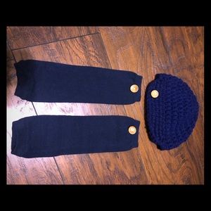 Crochet visor type baby hat w/ leggings only. Long sleeve onesie not included